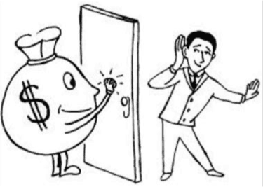 An illustration of a money bag character knocking on a door while a man in business attire listens attentively, symbolizing financial opportunities.