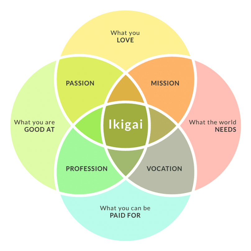 A visual representation of the Ikigai concept, featuring four overlapping circles labeled 'What you Love', 'What you are Good At', 'What the World Needs', and 'What you can be Paid For', with 'Ikigai' at the center.