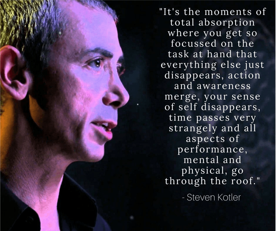 Steven Kotler's quote on Shallow Work - "It's the moments of total absorption where you get so focussed on the task at hand that everything else just disappears, action and awareness merge, your sense of self disappears, time passes very strangely and all aspects of performance, mental and physical, go through the roof."