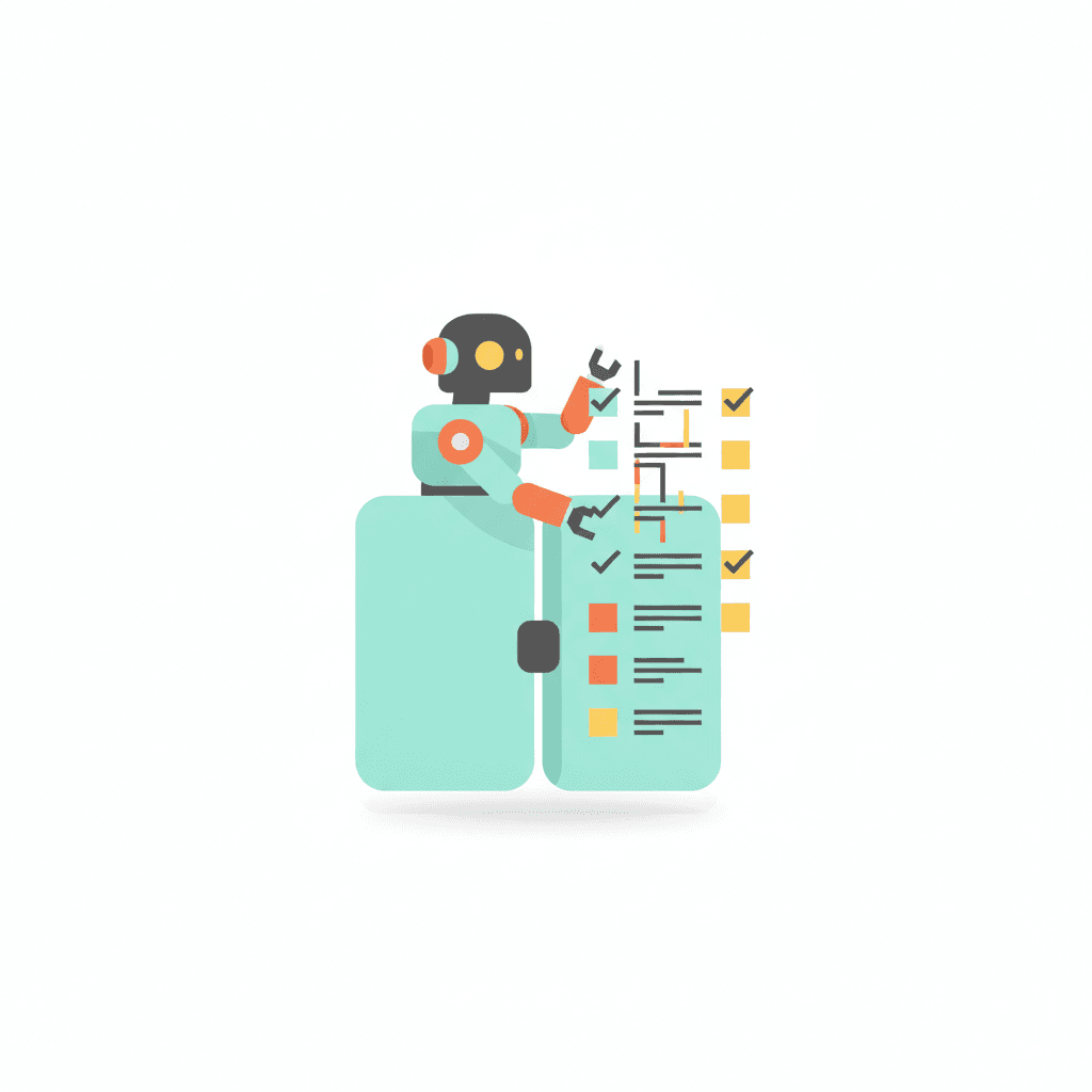 A robot organising a task checklist out of two document files, illustrating CLAUDE.md and actions.md turning Claude into a project manager