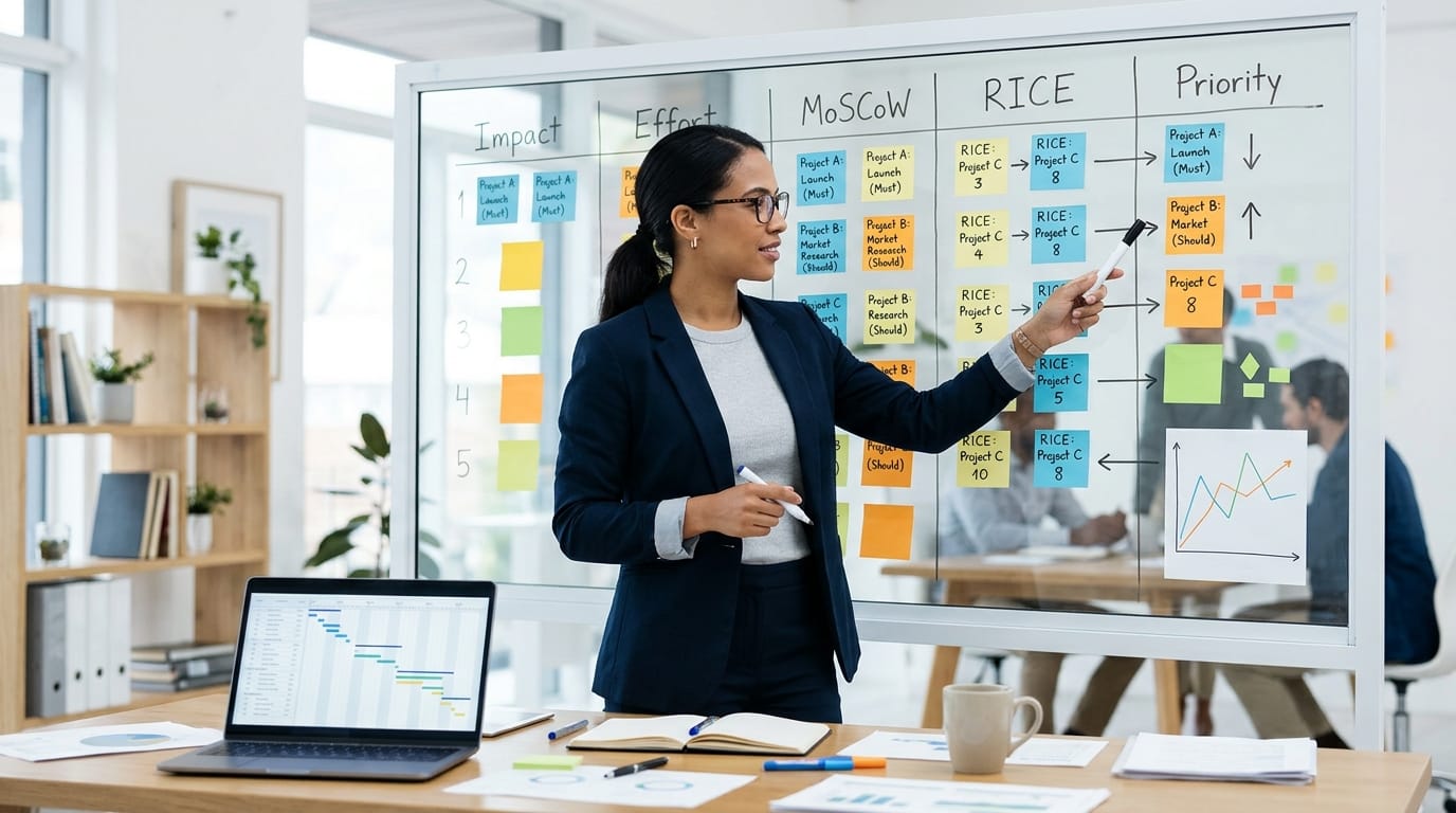 Editorial hero image for an article about: Too Many Projects at Once? The Best Prioritisation Framework Compared. Clean,