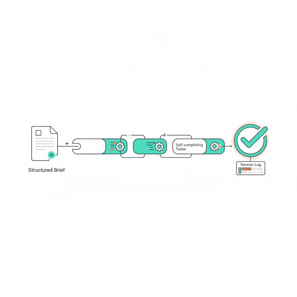 Diagram showing a structured brief document flowing into autonomous task completion with verification checkmarks — representing how to automate tasks with Claude AI