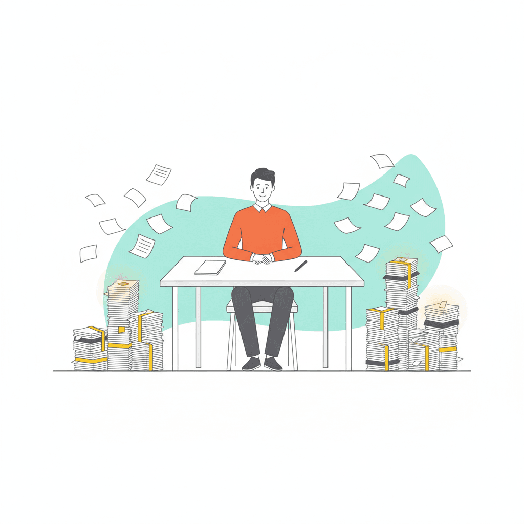 Business owner at a calm organised desk representing moving from overwhelm to structured productivity