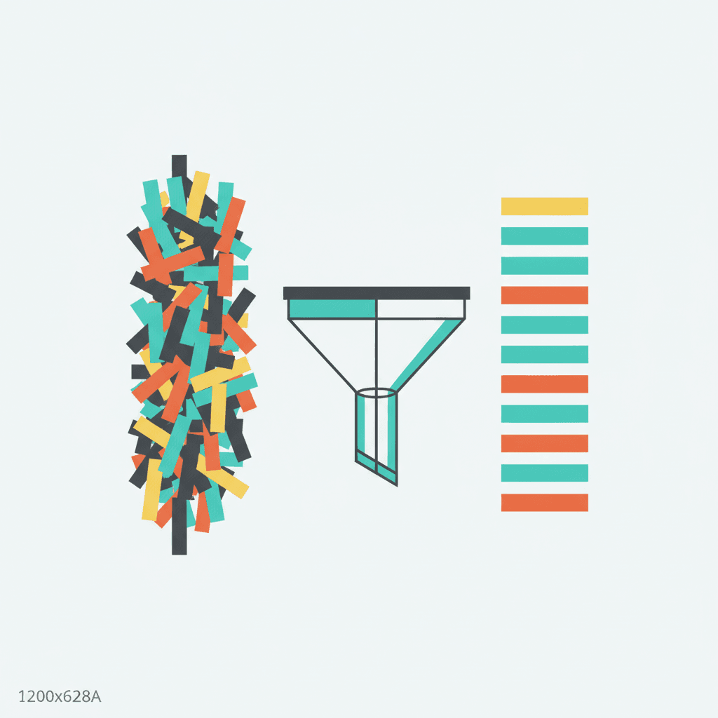 A conceptual illustration showing a large unfiltered list narrowing through a scope filter into a short ranked priority list