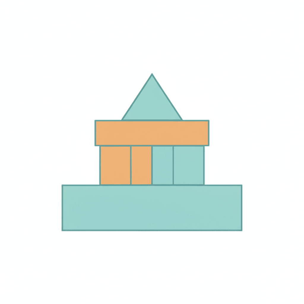 Five geometric blocks representing the structured elements of a productivity system, in turquoise and orange