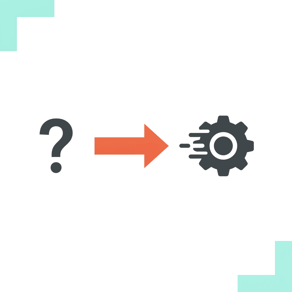 Diagram showing transition from asking AI questions to giving AI jobs — a question mark with an arrow pointing to a gear, representing a running system