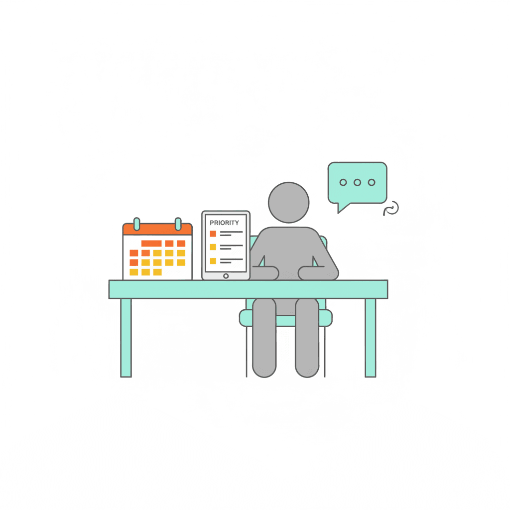 Illustration of a business owner at a desk with an organised productivity system — calendar, priority list, and coaching elements
