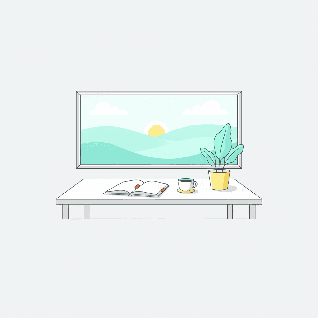A calm, organised desk with a notebook, plant and coffee cup — representing clarity for an overwhelmed business owner