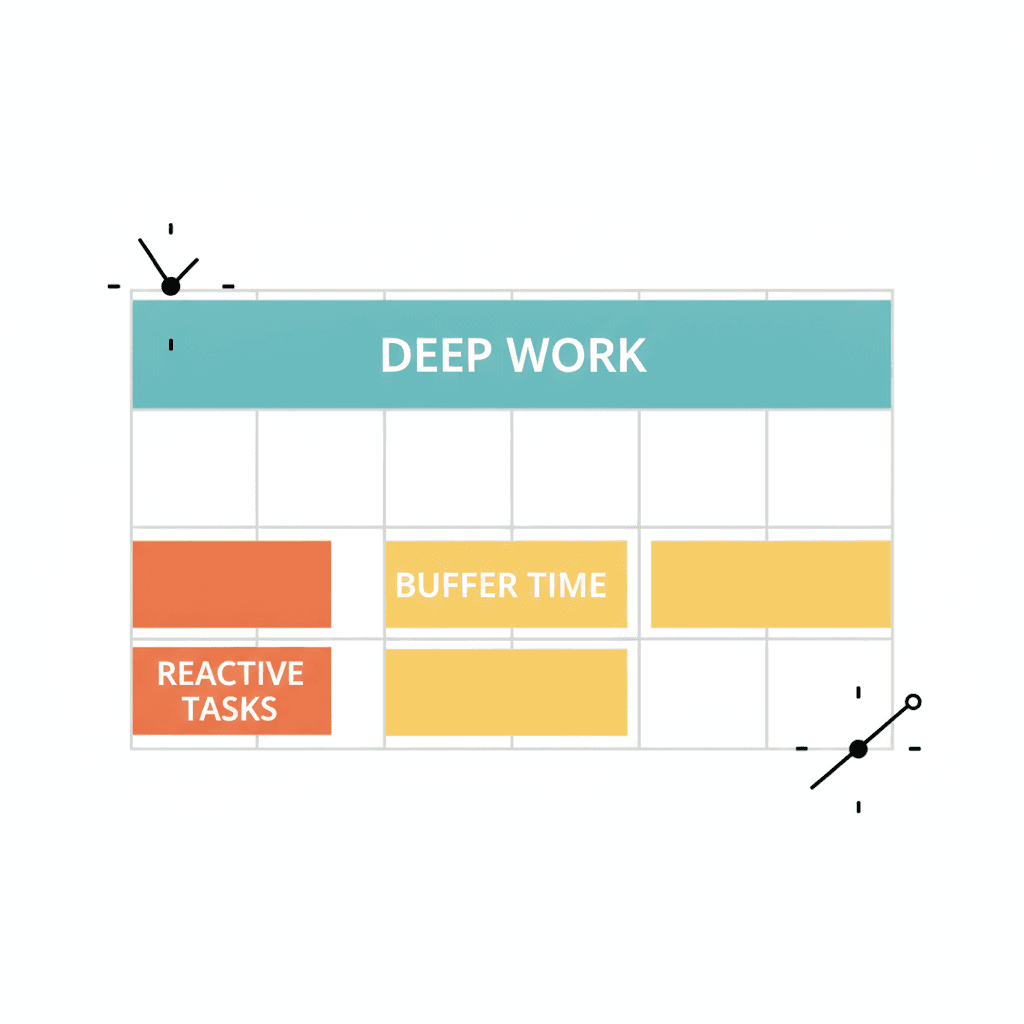 A conceptual illustration showing structured time blocks in turquoise, orange and yellow — representing deep work, reactive tasks and buffer slots in a time blocked day