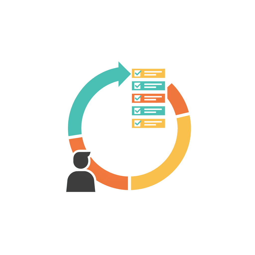 A circular weekly review loop diagram illustrating the weekly review system for business owners