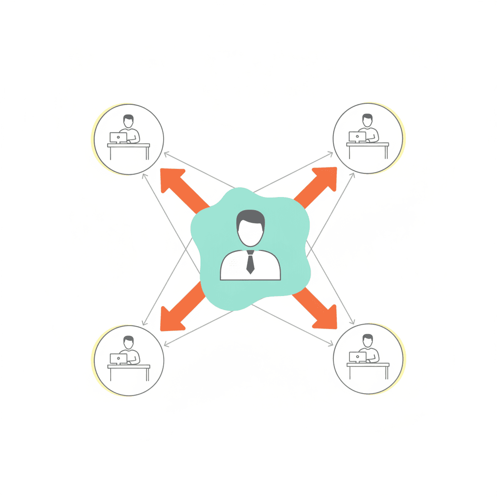 Business owner delegating tasks with clear arrows to team members representing effective delegation framework