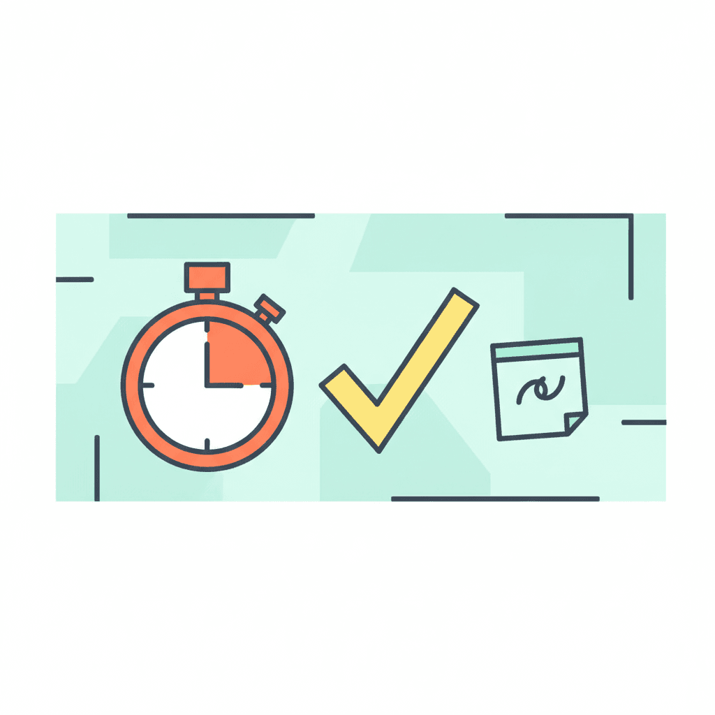 A minimal illustration of a stopwatch with a checkmark representing the GTD 2-minute rule for business owner productivity