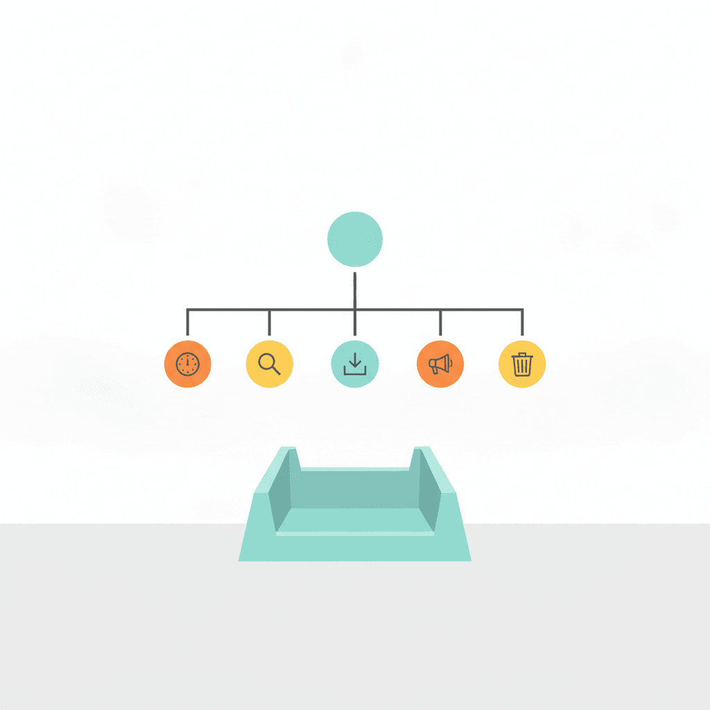 A business owner's desk with an empty inbox tray and a decision tree showing the 5 Ds method for email processing