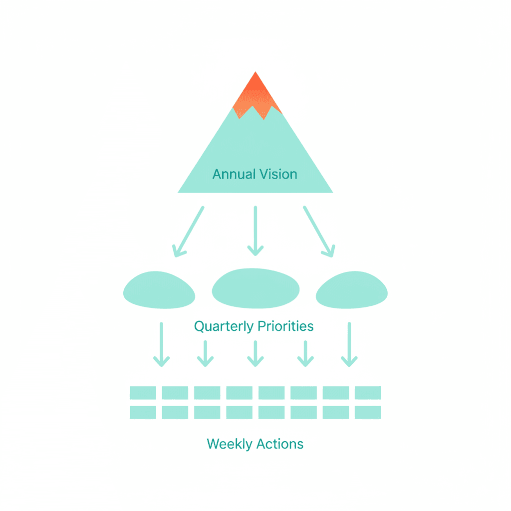 Three-level goal hierarchy showing annual vision, quarterly rocks and weekly MITs for business owners