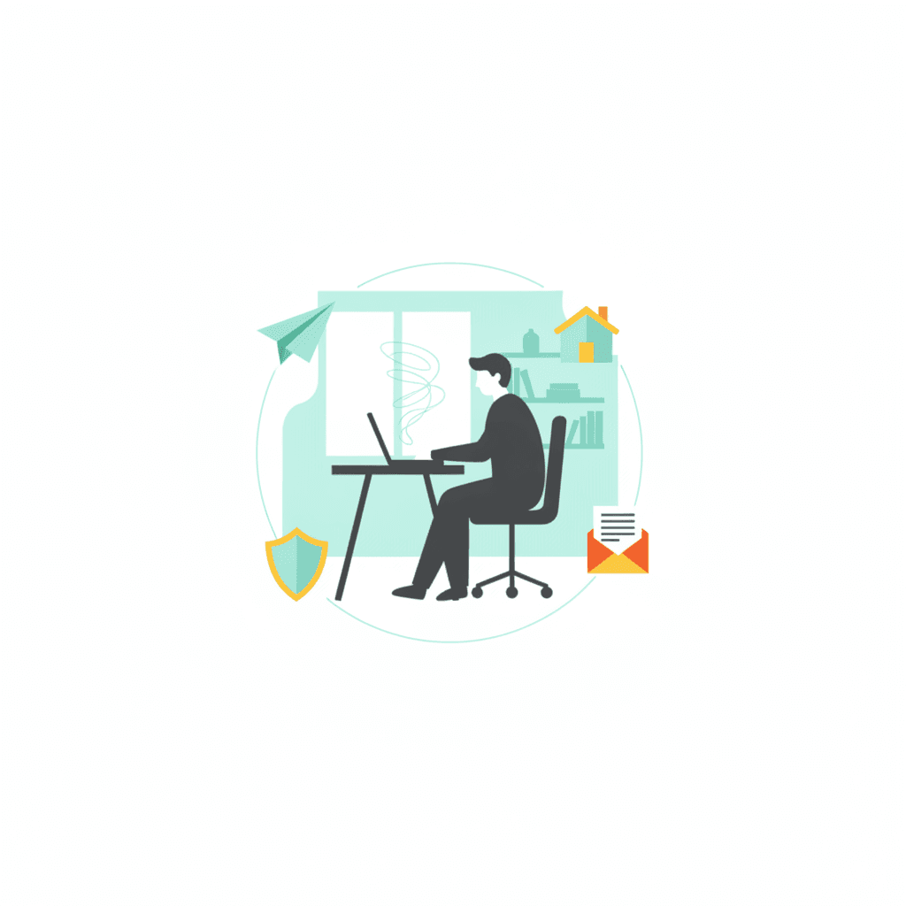 Person at laptop with icons representing travel, property, compliance and insurance connected by light lines