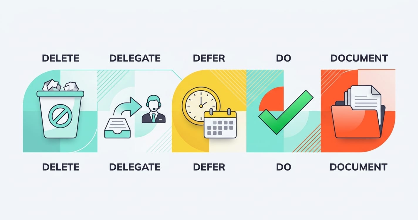 Diagram showing the 5 Ds of productivity: Delete, Delegate, Defer, Do, Document