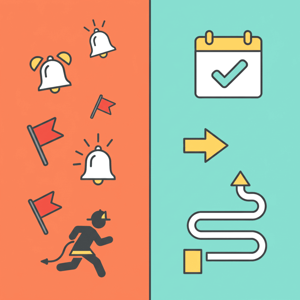 Two contrasting sides: orange reactive chaos on the left and turquoise calm proactive planning on the right