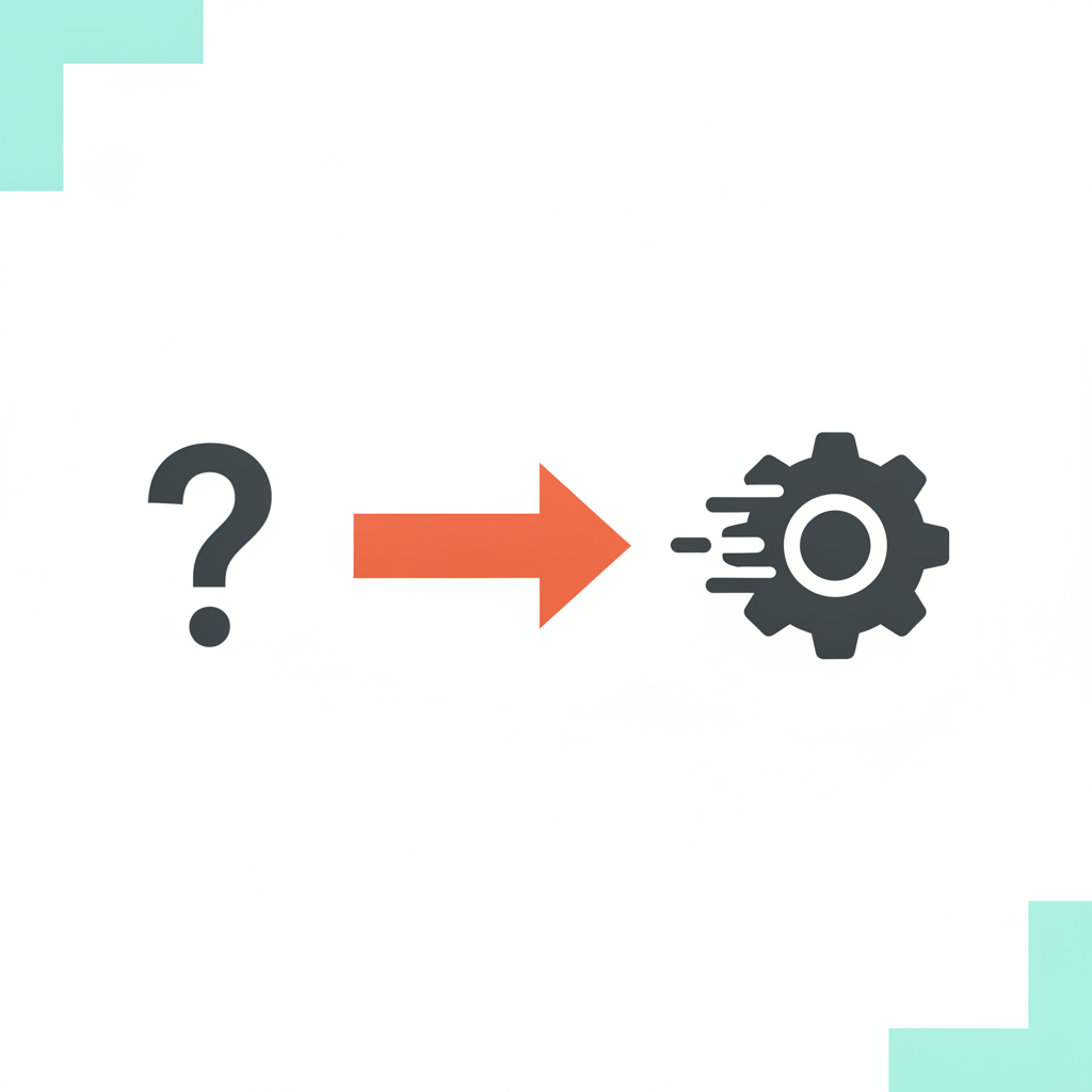 Diagram showing transition from asking AI questions to giving AI jobs — a question mark with an arrow pointing to a gear, representing a running system