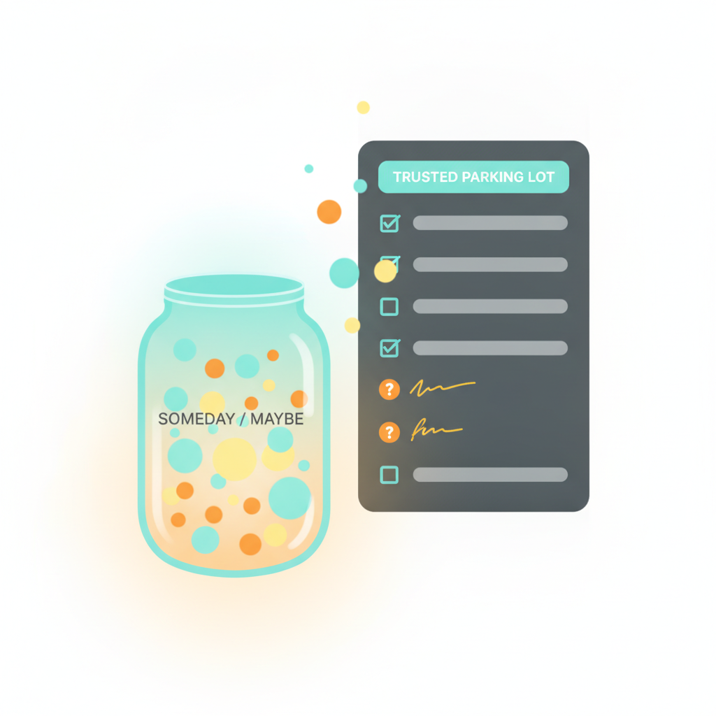 A glowing idea jar holding future possibilities beside a clean task list — illustrating the GTD Someday Maybe list concept